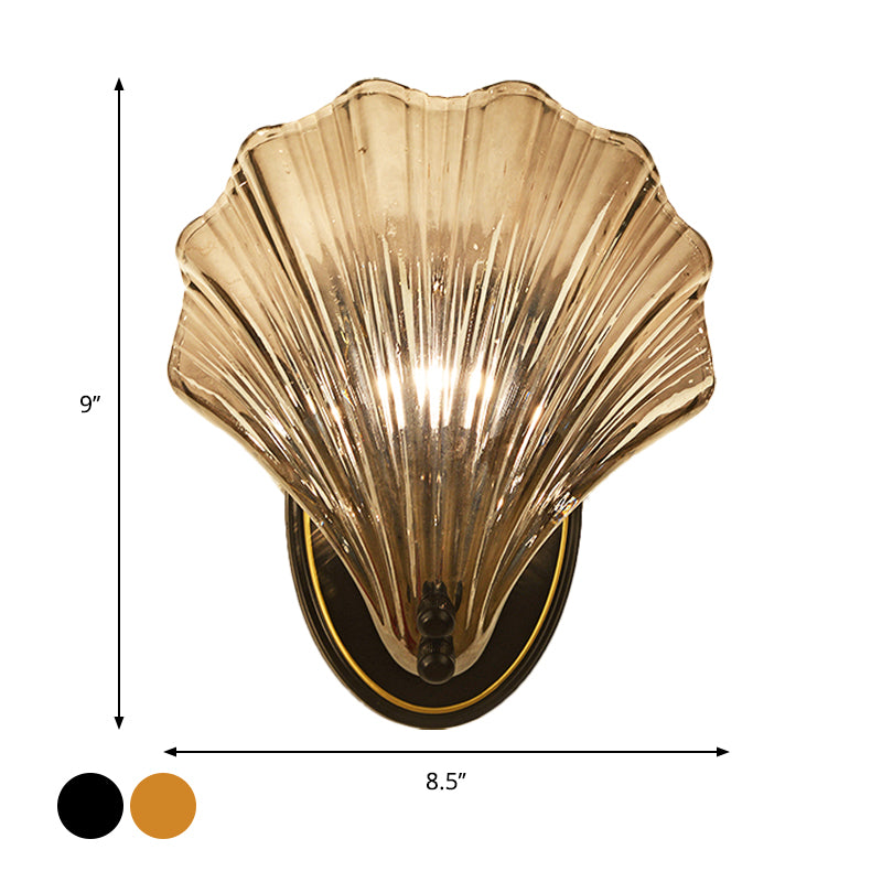 Single Scalloped Shell Vegglampe Landstil Svart/Gull Ribbet Glass Vegglys Armatur | Skanto