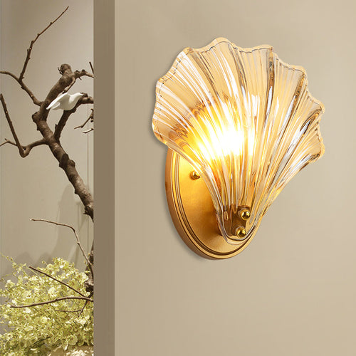 Single Scalloped Shell Vegglampe Landstil Svart/Gull Ribbet Glass Vegglys Armatur | Skanto
