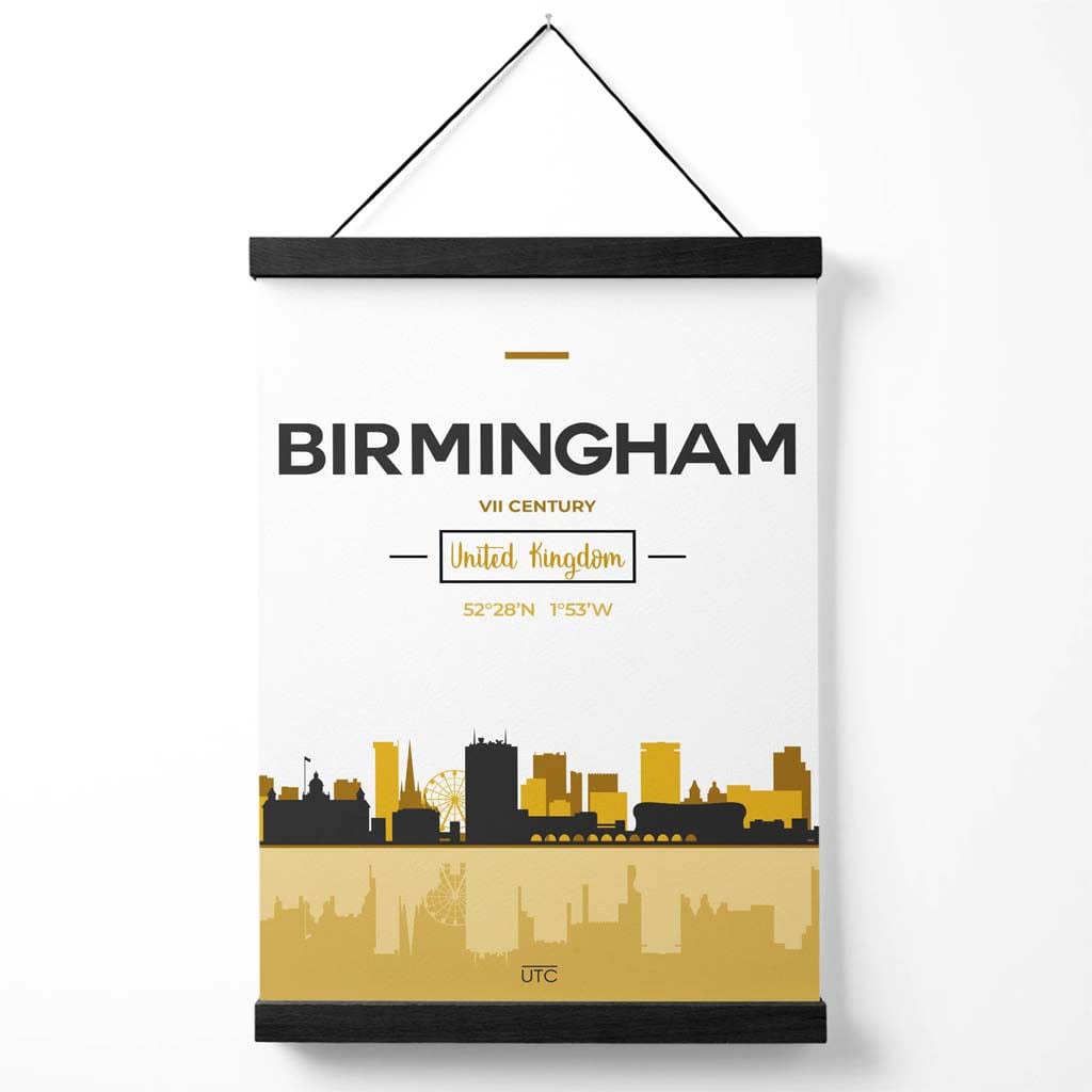 Birmingham bybildeplakat i gult og svart med oppheng