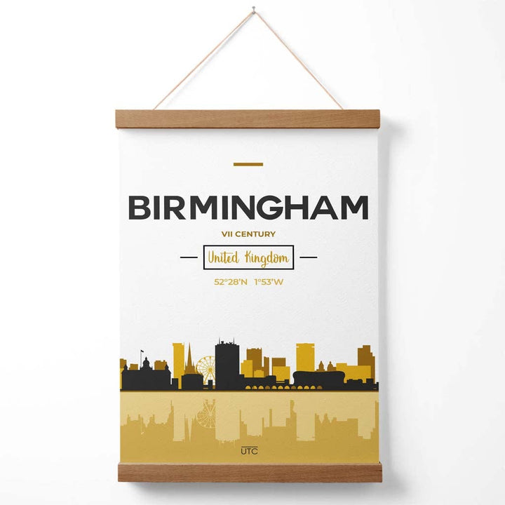 Birmingham bybildeplakat i gult og svart med oppheng