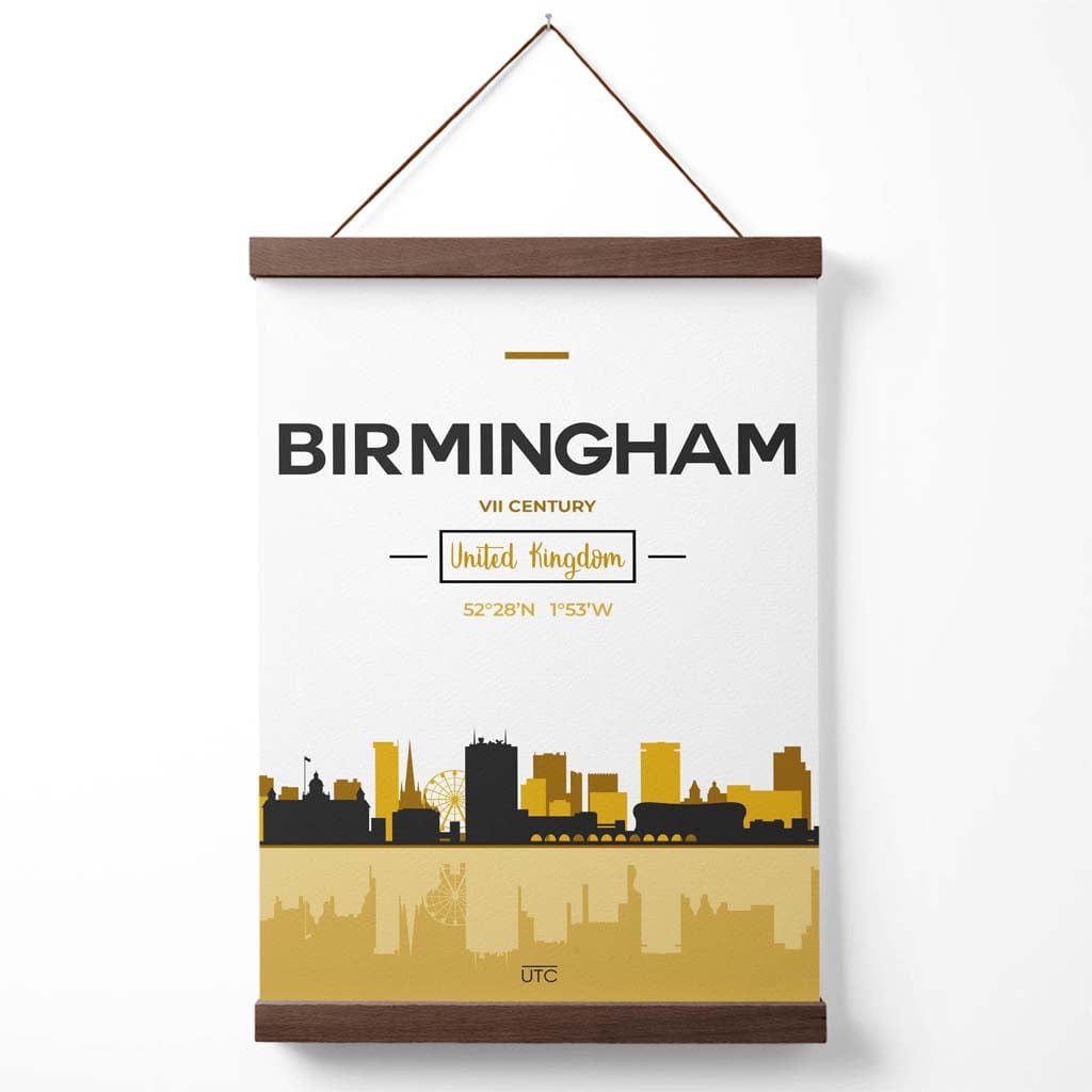 Birmingham bybildeplakat i gult og svart med oppheng