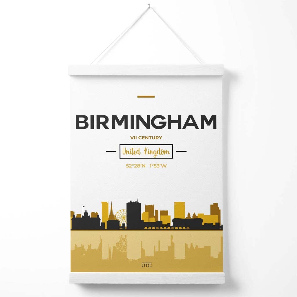 Birmingham bybildeplakat i gult og svart med oppheng