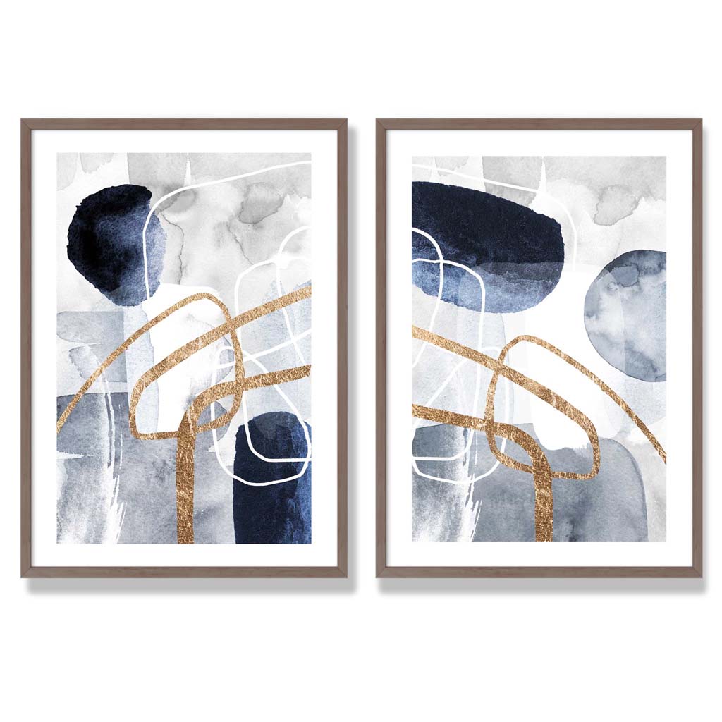 Sett med 2 kunsttrykk i abstrakt rammedesign i blått og gull