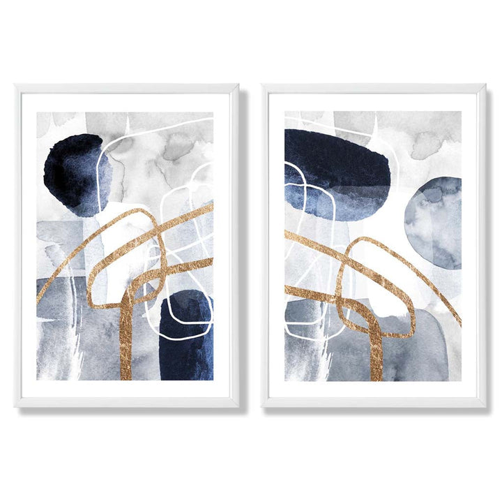 Sett med 2 kunsttrykk i abstrakt rammedesign i blått og gull