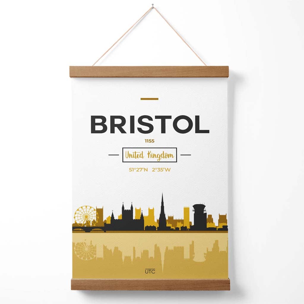 Bristol bybildeplakat i gult og svart med oppheng