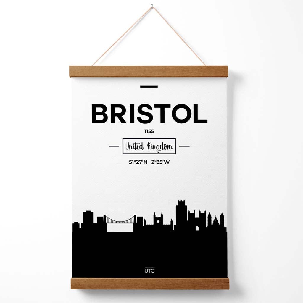 Plakat med bybilde av Bristol (svart-hvitt) med oppheng