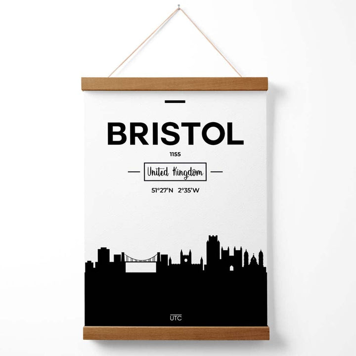 Plakat med bybilde av Bristol (svart-hvitt) med oppheng