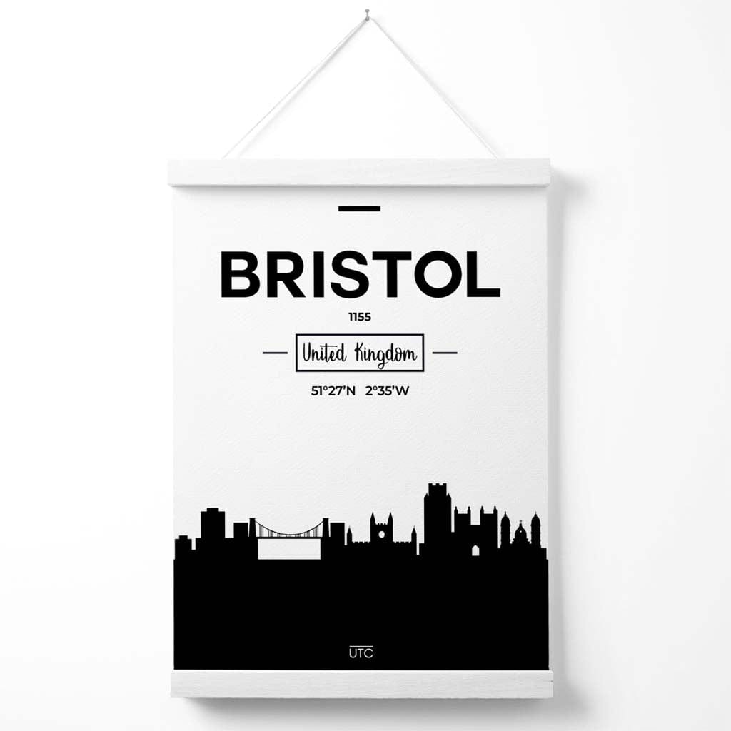 Plakat med bybilde av Bristol (svart-hvitt) med oppheng