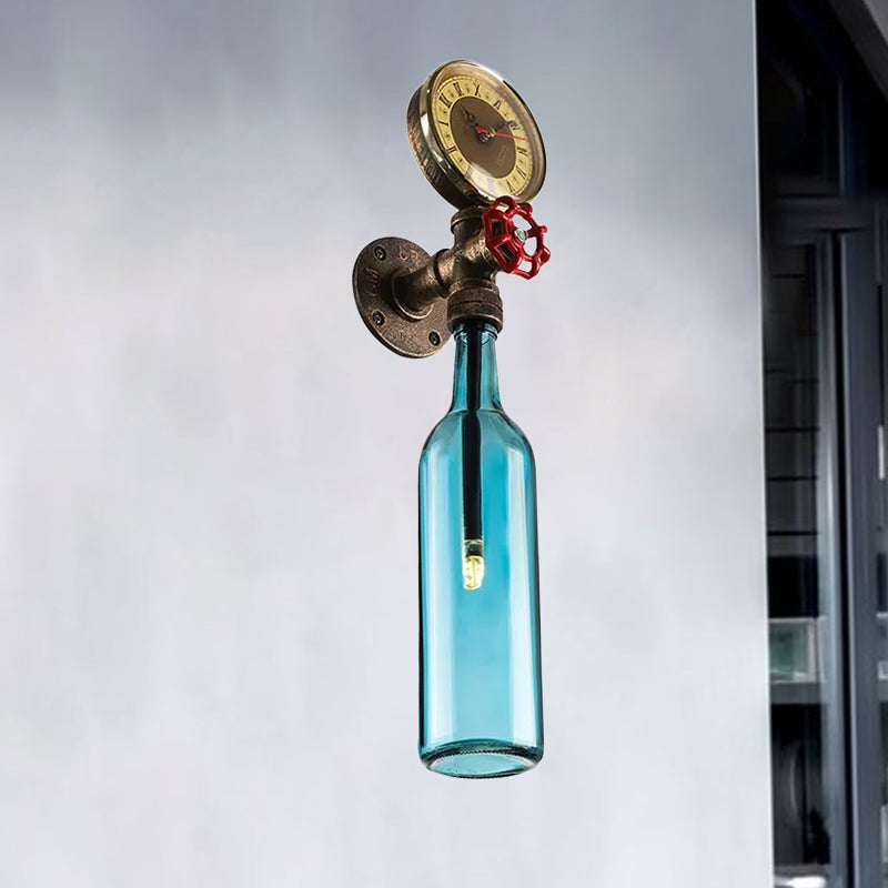Brun/blå flaskevegglampe i vintage-stil med 1 lyspære i glass, veggbelysning for stue, trykkmåler og ventil