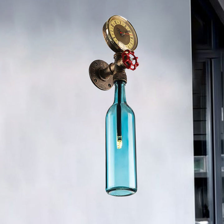 Brun/blå flaskevegglampe i vintage-stil med 1 lyspære i glass, veggbelysning for stue, trykkmåler og ventil