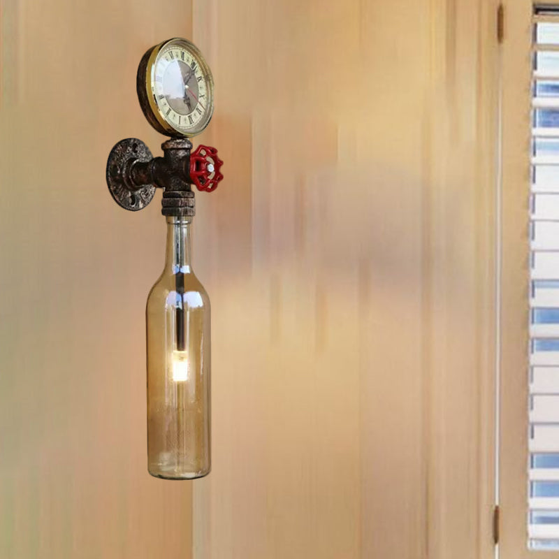Brun/blå flaskevegglampe i vintage-stil med 1 lyspære i glass, veggbelysning for stue, trykkmåler og ventil