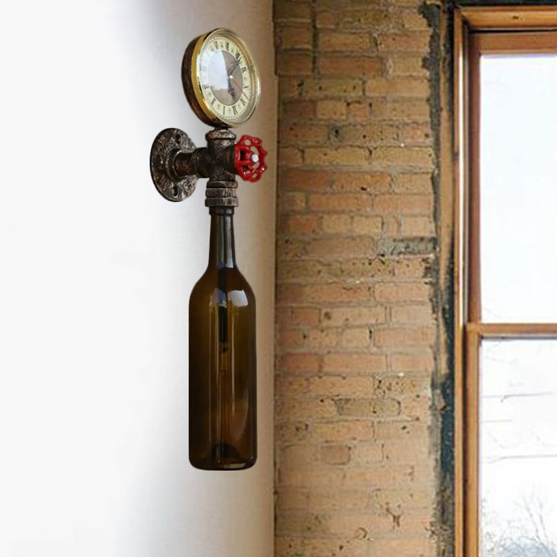Brun/blå flaskevegglampe i vintage-stil med 1 lyspære i glass, veggbelysning for stue, trykkmåler og ventil