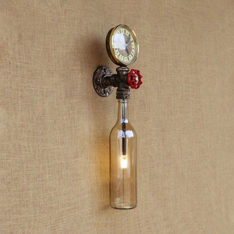 Brun/blå flaskevegglampe i vintage-stil med 1 lyspære i glass, veggbelysning for stue, trykkmåler og ventil