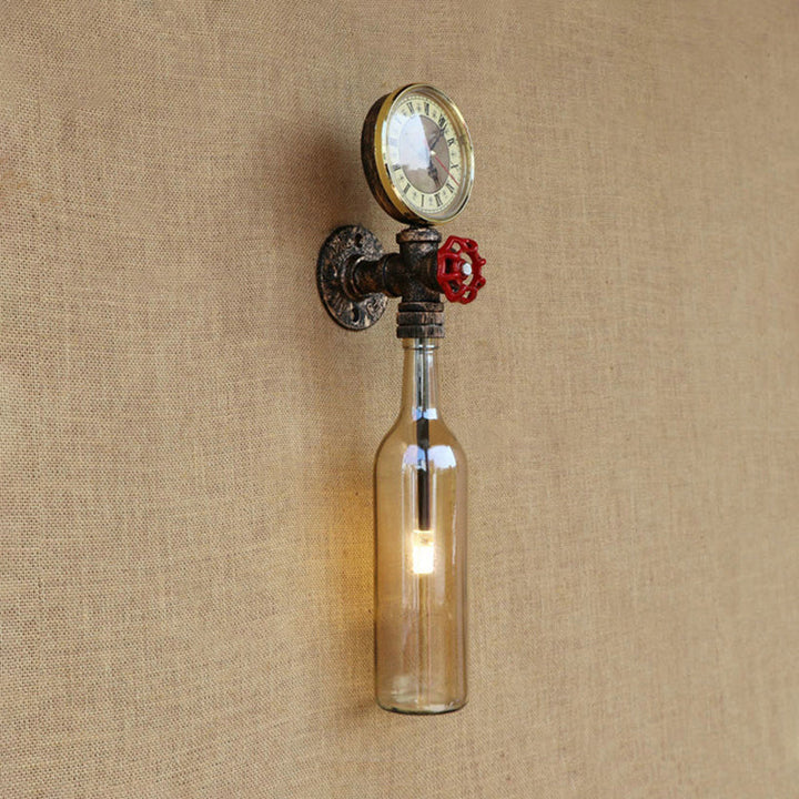 Brun/blå flaskevegglampe i vintage-stil med 1 lyspære i glass, veggbelysning for stue, trykkmåler og ventil