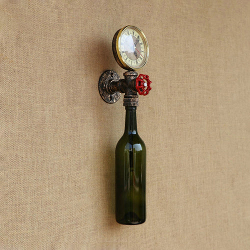 Brun/blå flaskevegglampe i vintage-stil med 1 lyspære i glass, veggbelysning for stue, trykkmåler og ventil