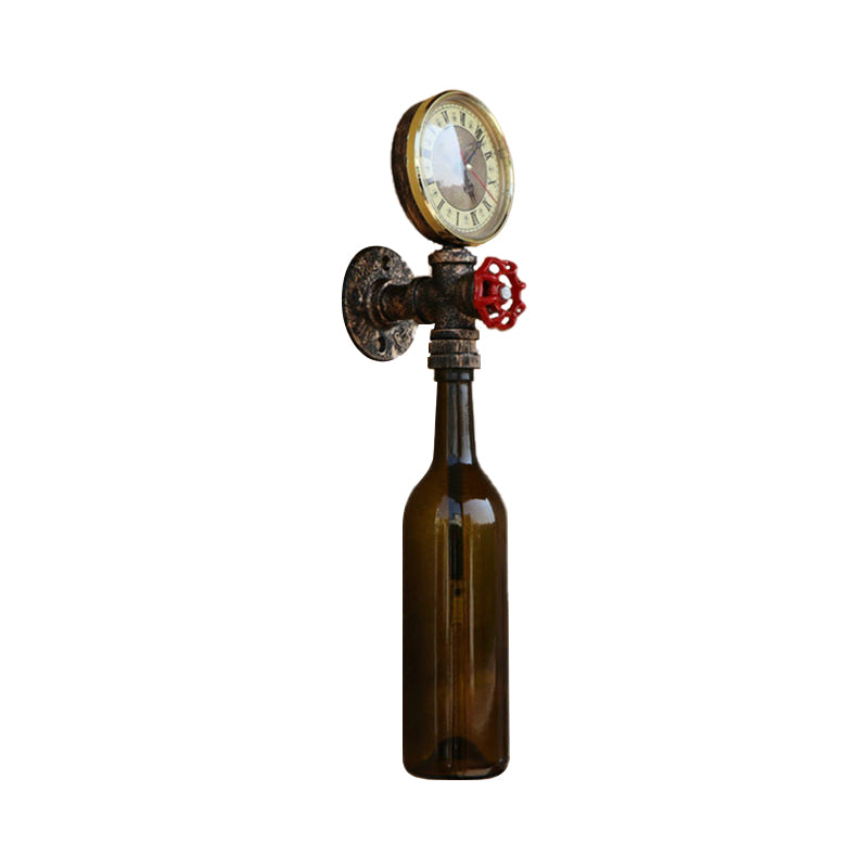 Brun/blå flaskevegglampe i vintage-stil med 1 lyspære i glass, veggbelysning for stue, trykkmåler og ventil