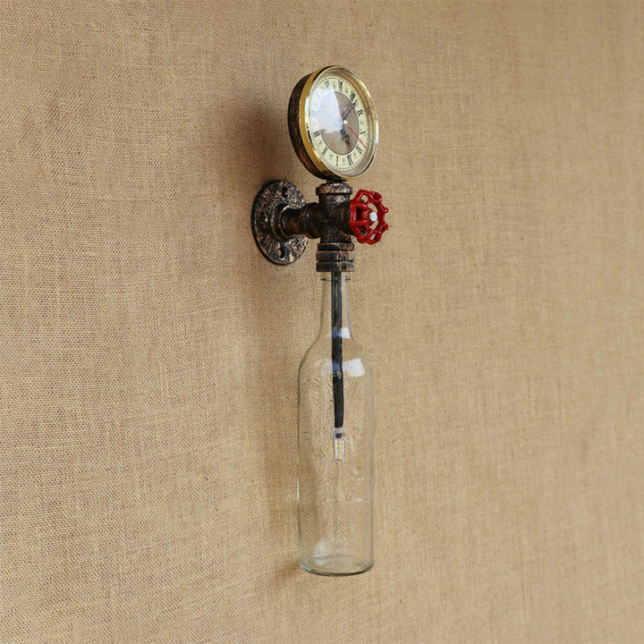 Brun/blå flaskevegglampe i vintage-stil med 1 lyspære i glass, veggbelysning for stue, trykkmåler og ventil