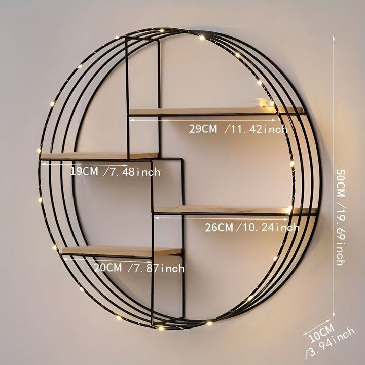 Rund Vegg hylle med 4 nivåer - Retro design laget av tre og metall | Dekorativ hengende hylle for stue, bad og soverom | Skanto