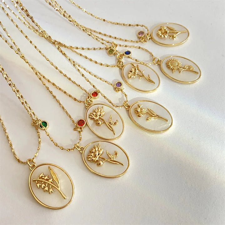 Skanto | 14k Delikat Fødselsmåned Stein & Blomst Charm Halskjede