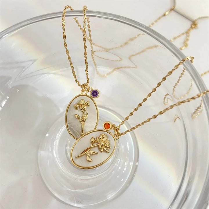 Skanto | 14k Delikat Fødselsmåned Stein & Blomst Charm Halskjede