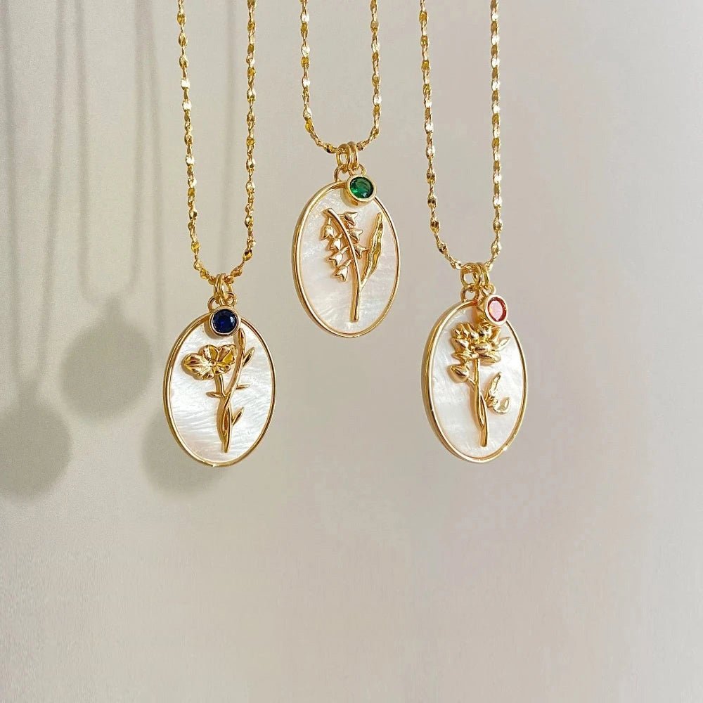 Skanto | 14k Delikat Fødselsmåned Stein & Blomst Charm Halskjede