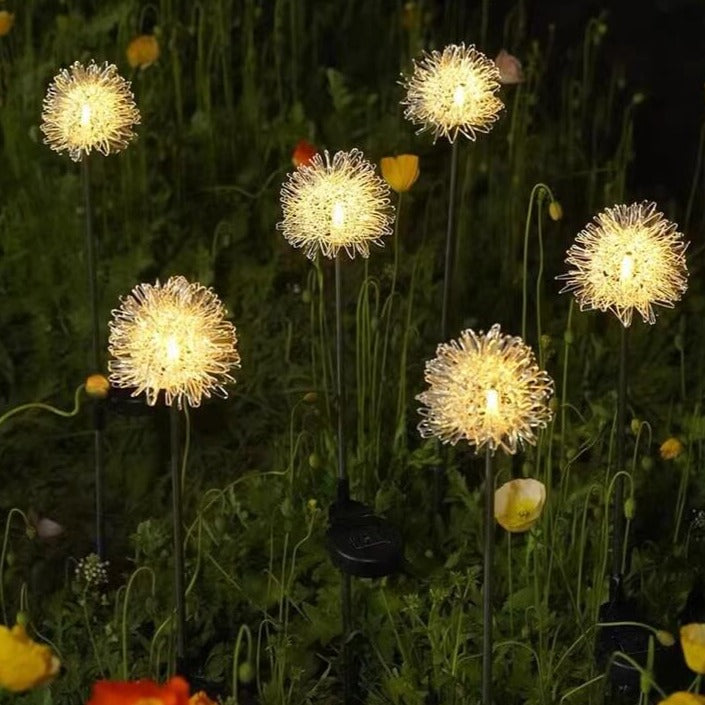 Solcelledrevet LED-kulelampe av løvetann laget av aluminiumstråd, vanntett, for utendørs bruk, for planting i hagen, bakkelys