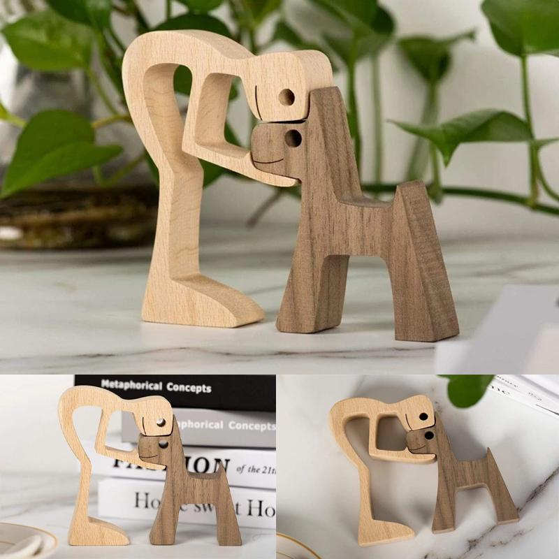 Pet Lover Gaver Tre Skulptur Familie & Valp Tre Håndverk Bord Ornamenter | Skanto