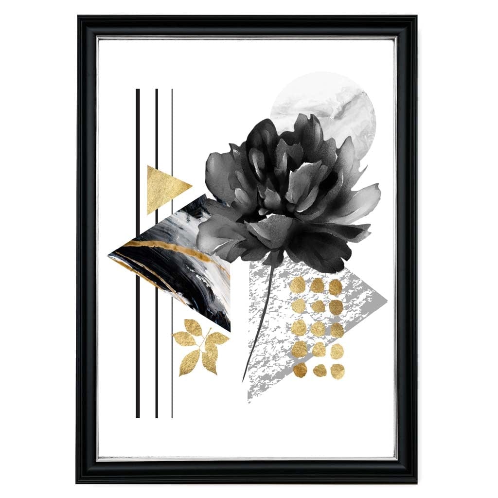 Abstrakt blomstermotiv i svart og gull med geometriske former nr. 1 – Veggkunst