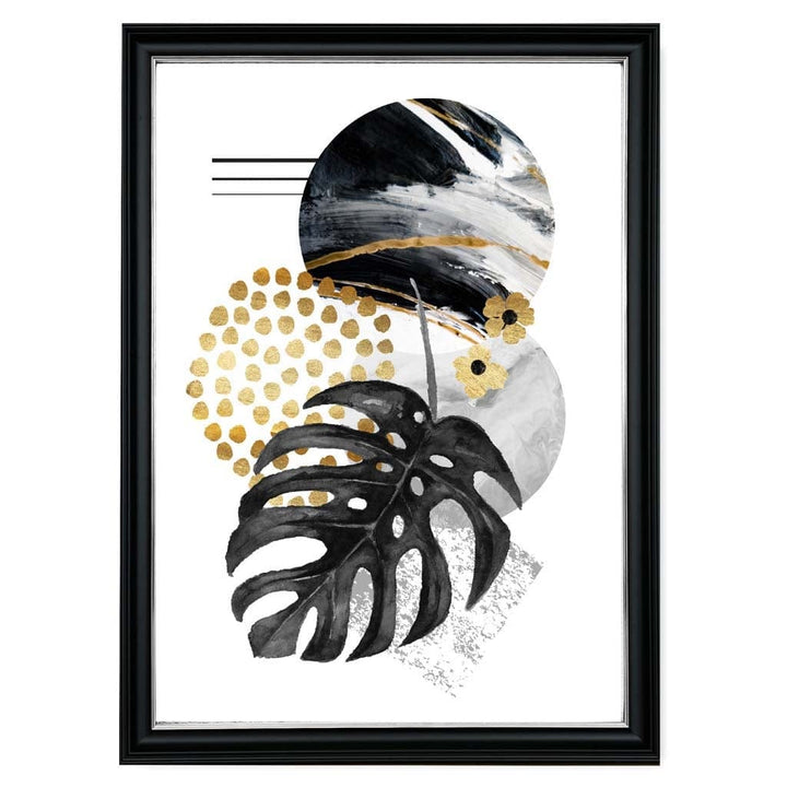 Abstrakt veggmaleri med svarte og gullfargede blader og geometriske former