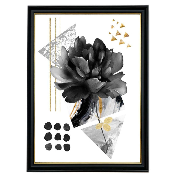 Abstrakt blomstermotiv i svart og gull med geometriske former nr. 2 – veggkunst