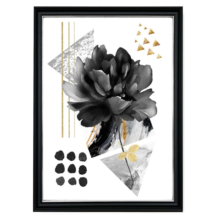 Abstrakt blomstermotiv i svart og gull med geometriske former nr. 2 – veggkunst