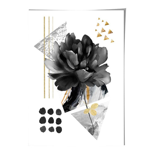 Abstrakt blomstermotiv i svart og gull med geometriske former nr. 2 – veggkunst