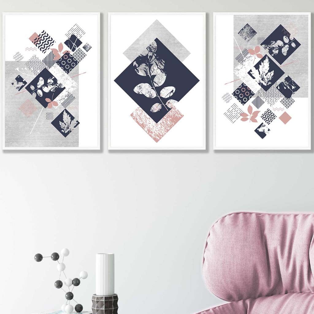 BOTANISK Sett med 3 abstrakte geometriske blomstertrykk i marineblått og rosa