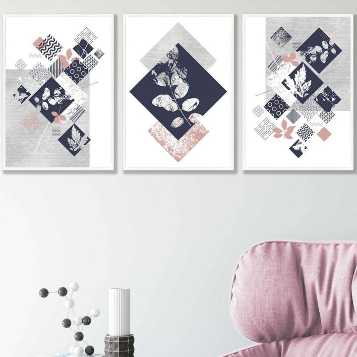 BOTANISK Sett med 3 abstrakte geometriske blomstertrykk i marineblått og rosa