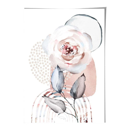 Abstrakt blomstermønster med roser og geometriske former i myk rosa og grått nr. 2