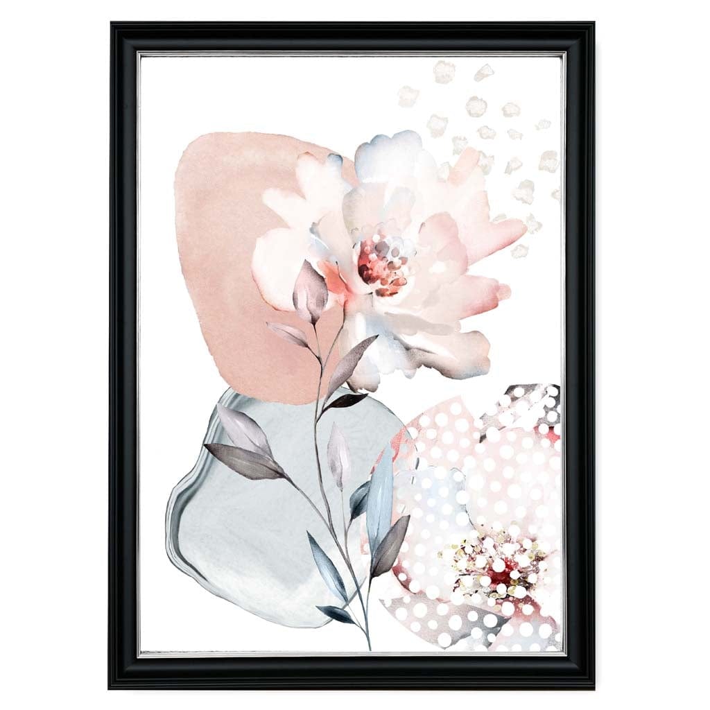 Abstrakt blomstermønster i rosa og grått med roser og geometriske former nr. 3