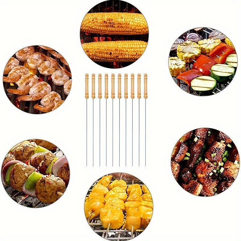 Skanto | 10 stk Premium rustfritt stål BBQ spyd med trehåndtak – Multifunksjonelle, holdbare grillpinner for matlaging utendørs – Perfekt for sommerfester og familietreff