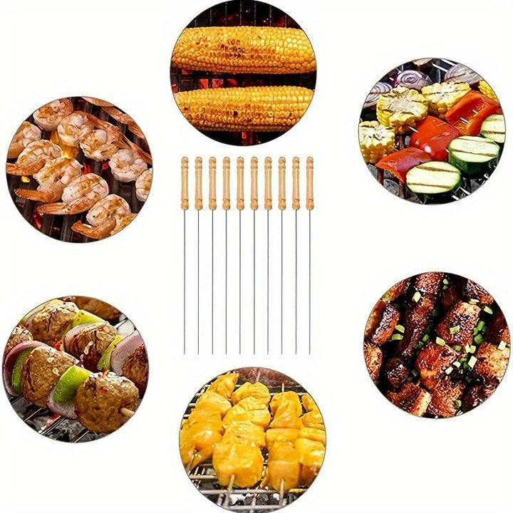 Skanto | 10 stk Premium rustfritt stål BBQ spyd med trehåndtak – Multifunksjonelle, holdbare grillpinner for matlaging utendørs – Perfekt for sommerfester og familietreff