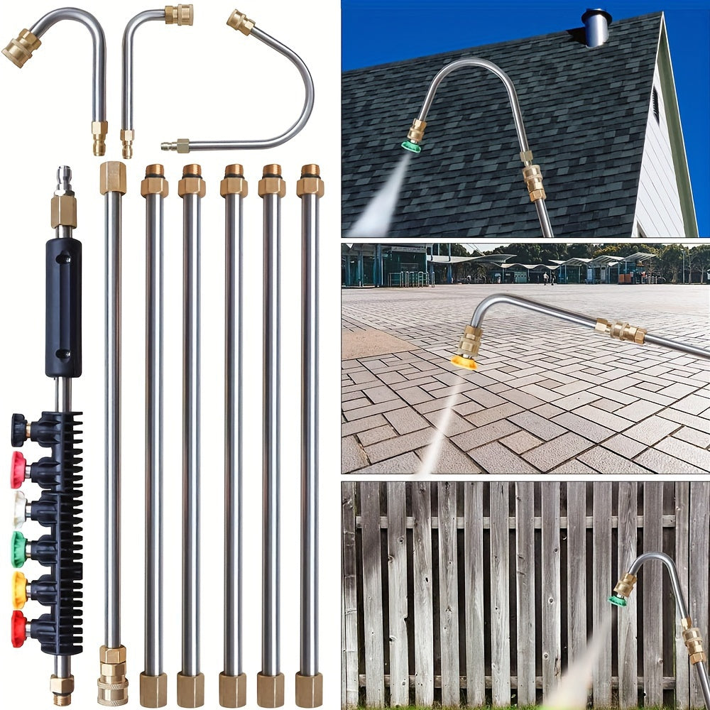 Skanto | 10 stk Høyttrykksvasker Forlengelsesstang Kit – 4000 PSI, 1/4 Hurtigkobling, 6 Dysevedlegg, Takrennerengjøringsbøyd stang 30°, 90°, 120° – Ideell for takdrenering, utvendige vegger og tunge rengjøringsoppgaver