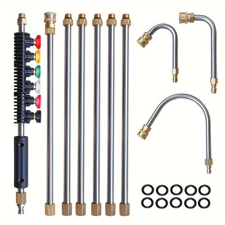 Skanto | 10 stk Høyttrykksvasker Forlengelsesstang Kit – 4000 PSI, 1/4 Hurtigkobling, 6 Dysevedlegg, Takrennerengjøringsbøyd stang 30°, 90°, 120° – Ideell for takdrenering, utvendige vegger og tunge rengjøringsoppgaver