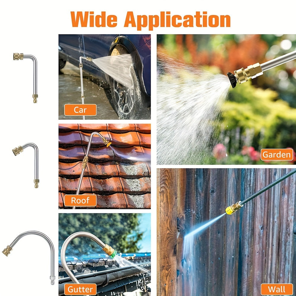Skanto | 10 stk Høyttrykksvasker Forlengelsesstang Kit – 4000 PSI, 1/4 Hurtigkobling, 6 Dysevedlegg, Takrennerengjøringsbøyd stang 30°, 90°, 120° – Ideell for takdrenering, utvendige vegger og tunge rengjøringsoppgaver