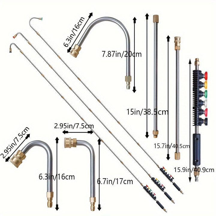 Skanto | 10 stk Høyttrykksvasker Forlengelsesstang Kit – 4000 PSI, 1/4 Hurtigkobling, 6 Dysevedlegg, Takrennerengjøringsbøyd stang 30°, 90°, 120° – Ideell for takdrenering, utvendige vegger og tunge rengjøringsoppgaver