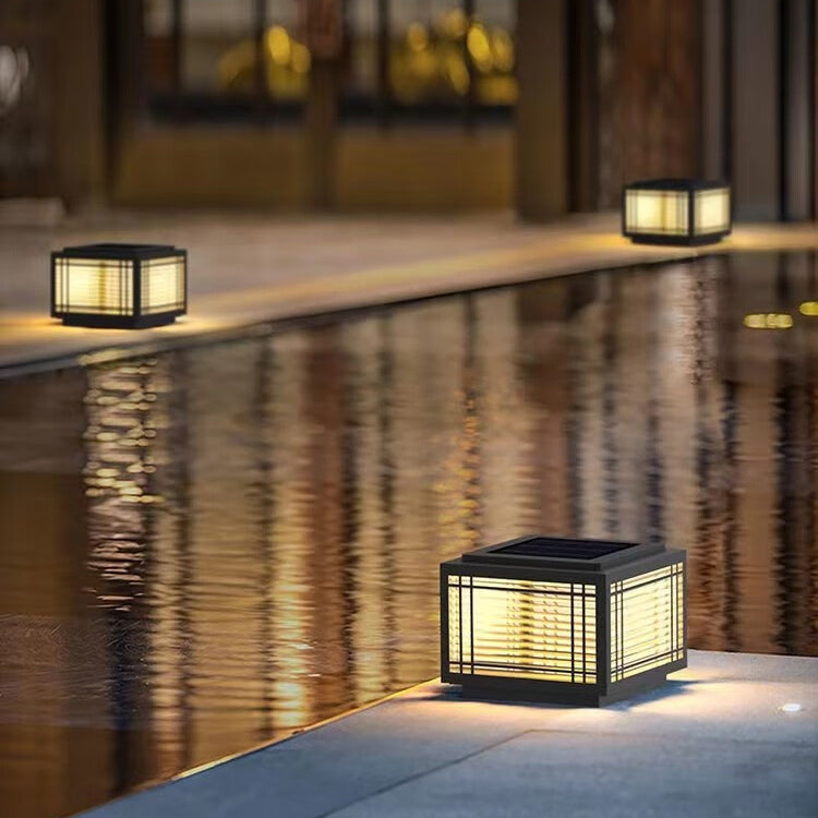 Tradisjonelt kinesisk kvadrat aluminium glass 1-lampe post hode lys for hage | Skanto