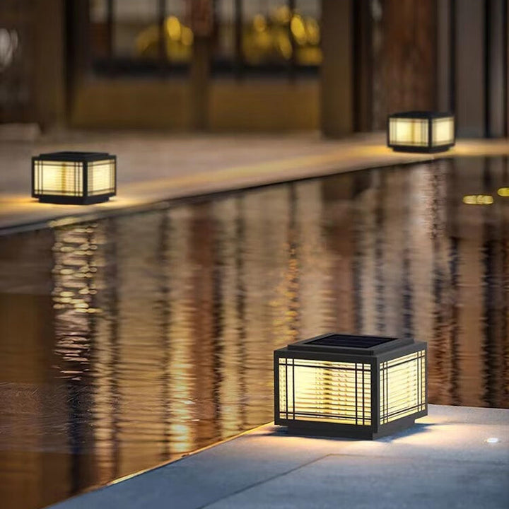 Tradisjonelt kinesisk kvadrat aluminium glass 1-lampe post hode lys for hage | Skanto