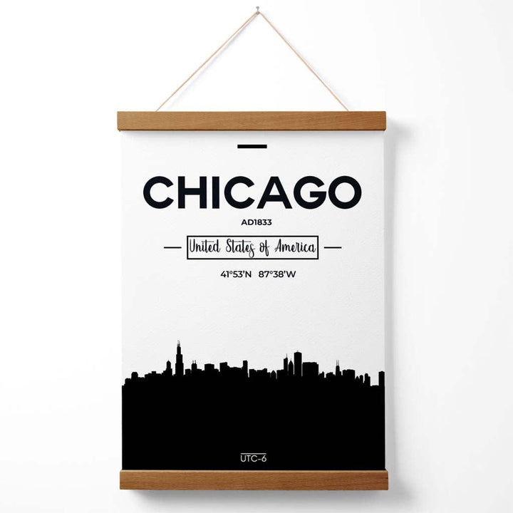 Plakat med bybilde av Chicago i svart-hvitt med oppheng