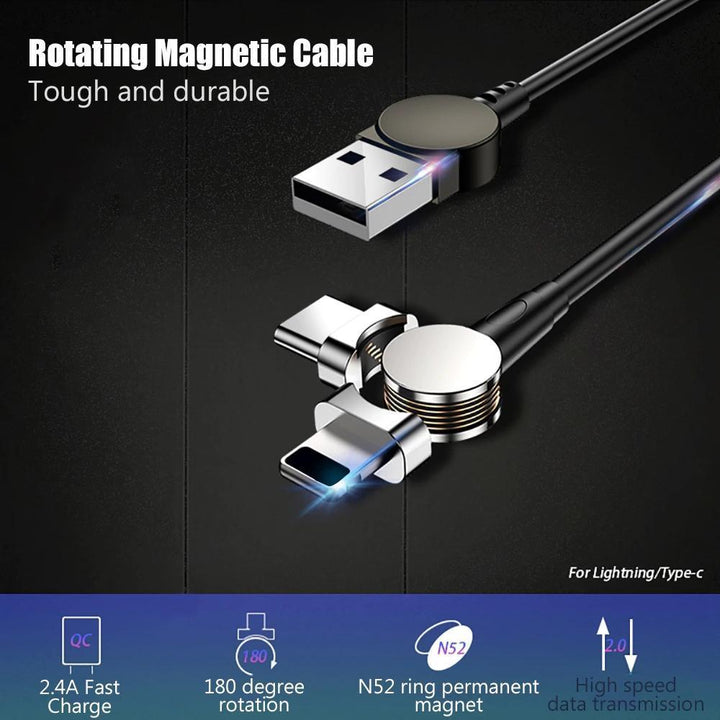 Skanto | Magnetisk kabel 180° roterende ladekabel for Android og IOS hurtiglading dataoverføring