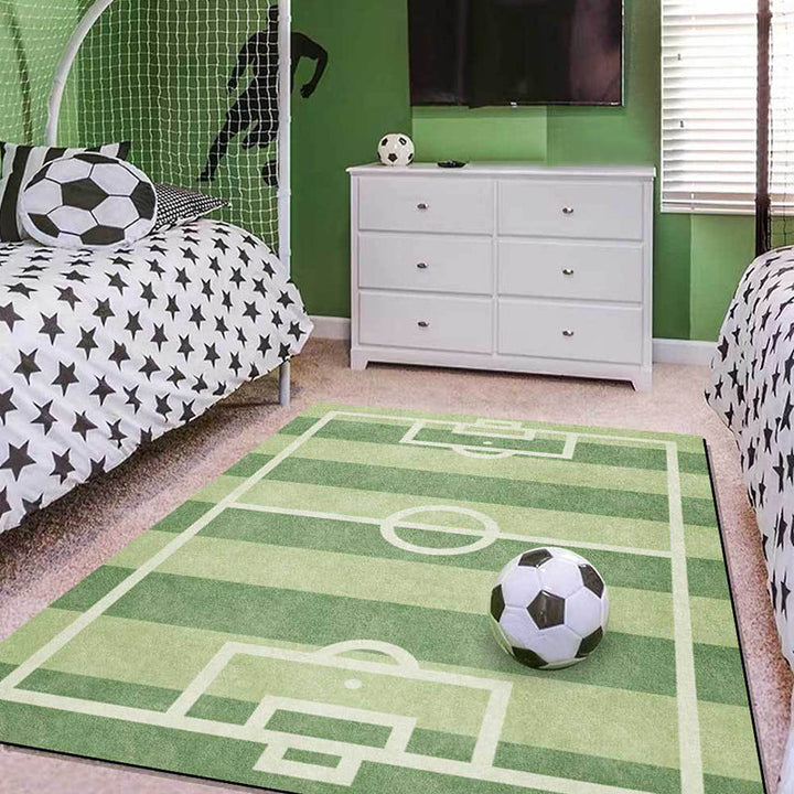 Kreativt teppe med fotballbanemønster, grønt, barneteppe, polyester, kjæledyrvennlig, vaskbart, sklisikkert teppe til dekorasjon