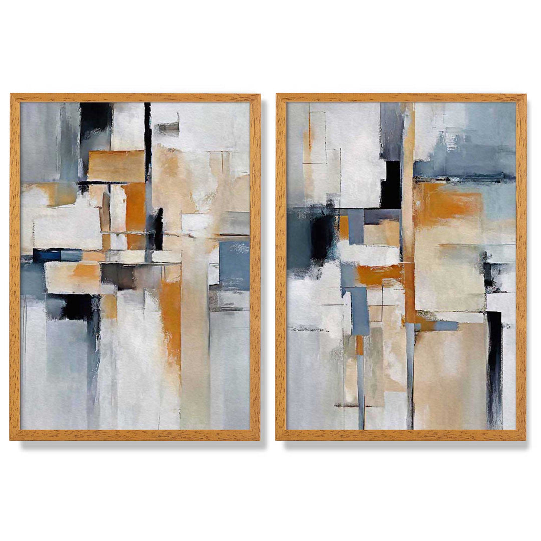 Abstrakt sett med 2 innrammede kunsttrykk i blått og oransje