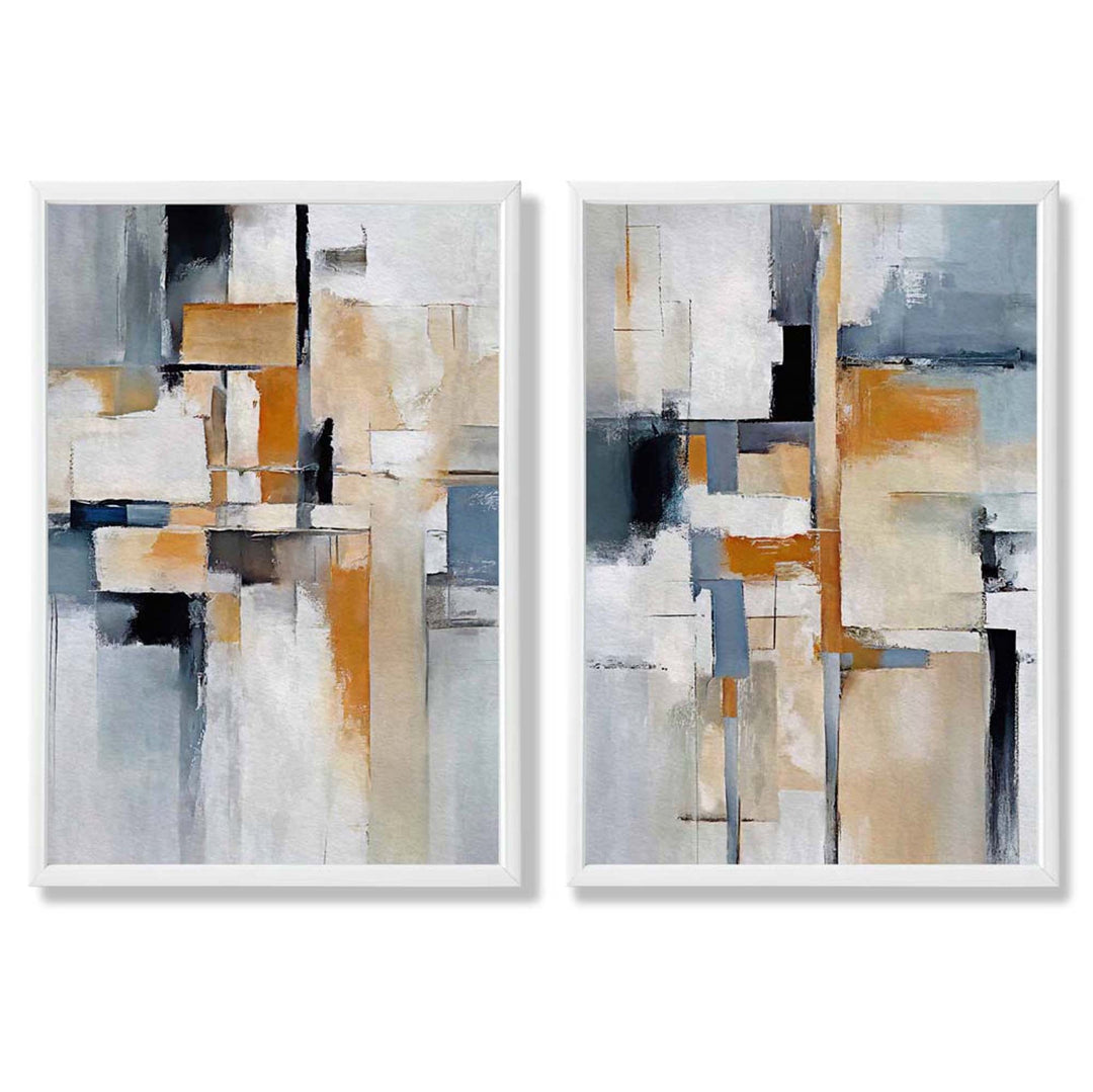 Abstrakt sett med 2 innrammede kunsttrykk i blått og oransje