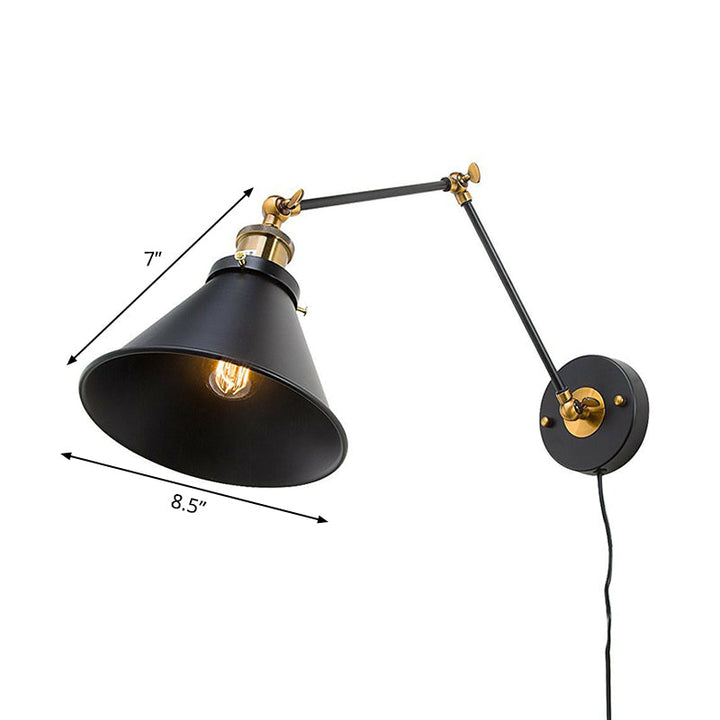 Lesevegglampe med jernsvart finish, rullet kant, konisk, enkel industriell vegglampe med plugg/pluggløs og svingarm